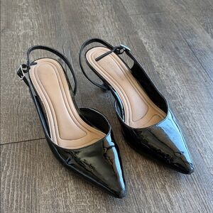 BCBGeneration Black Patent Pointed-Toe Slingback Kitten Heels